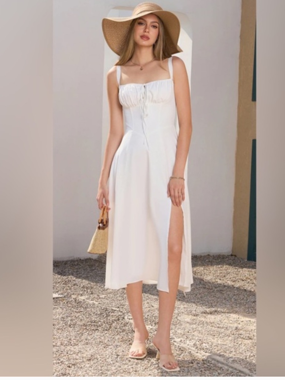 Cream Corset Midi Dress Basque Waist Coastal Cowgirl Milkmaid Cottage